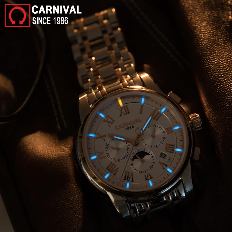 Karneval Mechanische Uhr Männer T25 Tritium Automatische Uhren Herren Top Marke Luminous Mond Phase Armbanduhr horloges