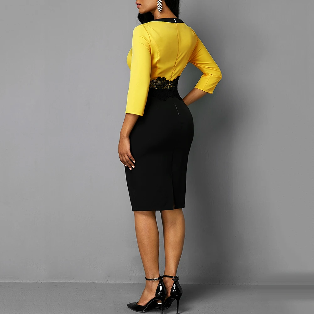 Office Lady 3/4 Sleeve Irregular Neck Color Block Lace Bodycon Knee-length Dress