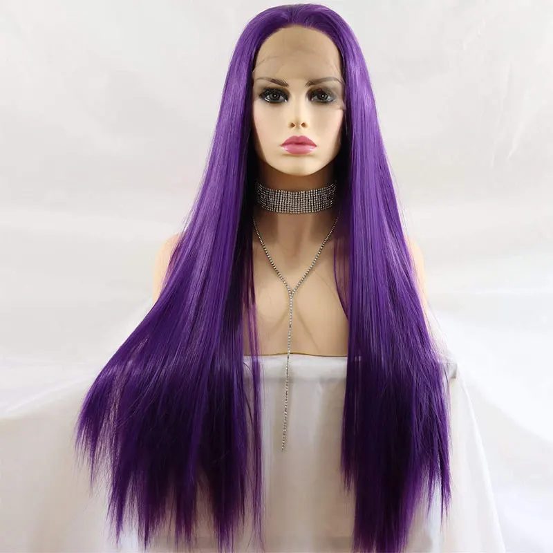 Purple Colour Silky Straight Synthetic 13*4 Lace Front Wig Heat Resistant Fiber Hair Natural Hairline Free Parting For Women Wig