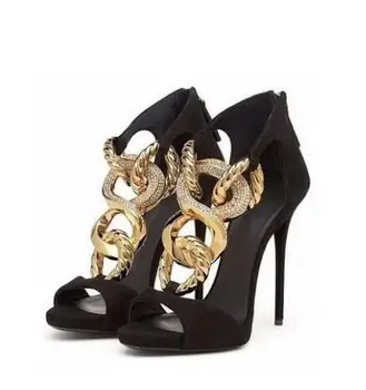 

Gold Metal Chain Decoration Sandals Women Black Suede Peep Toe Summer Back Zipper Cover Heel Thin Heel Party Shoes 12CM Heel