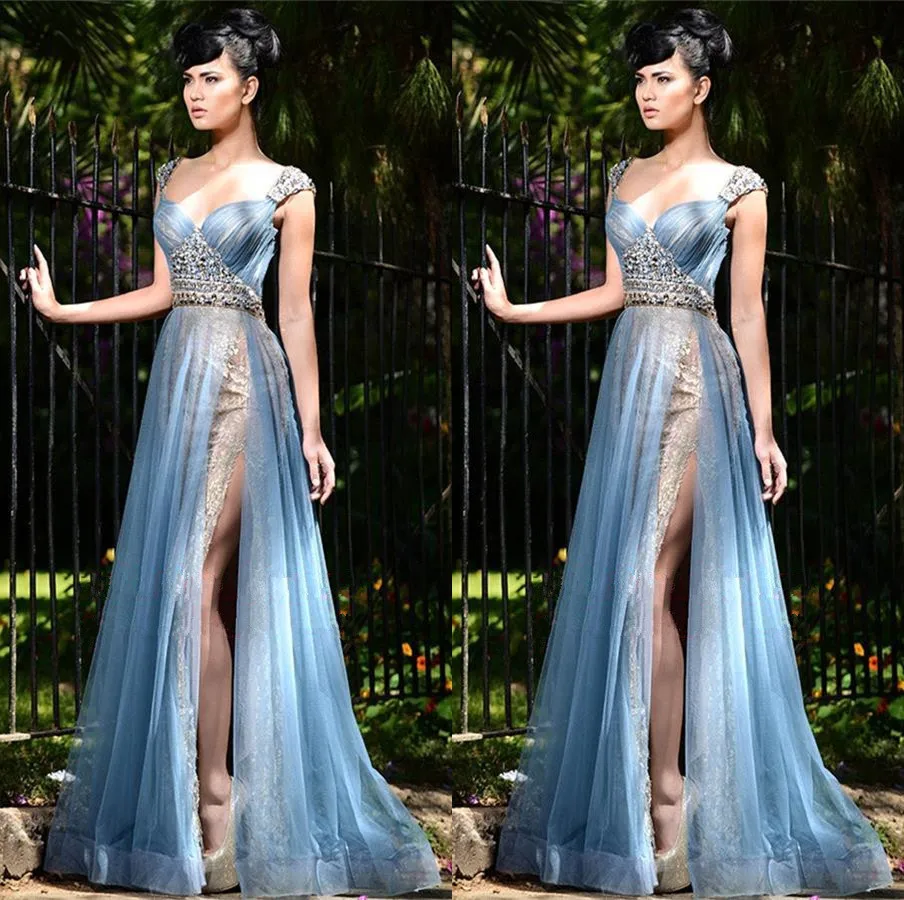 Vestidos Largos Fiest Элегантное синее Тюлевое длинное вечернее платье ТРАПЕЦИЕВИДНОЕ торжественное платье больших размеров женские вечерние платья