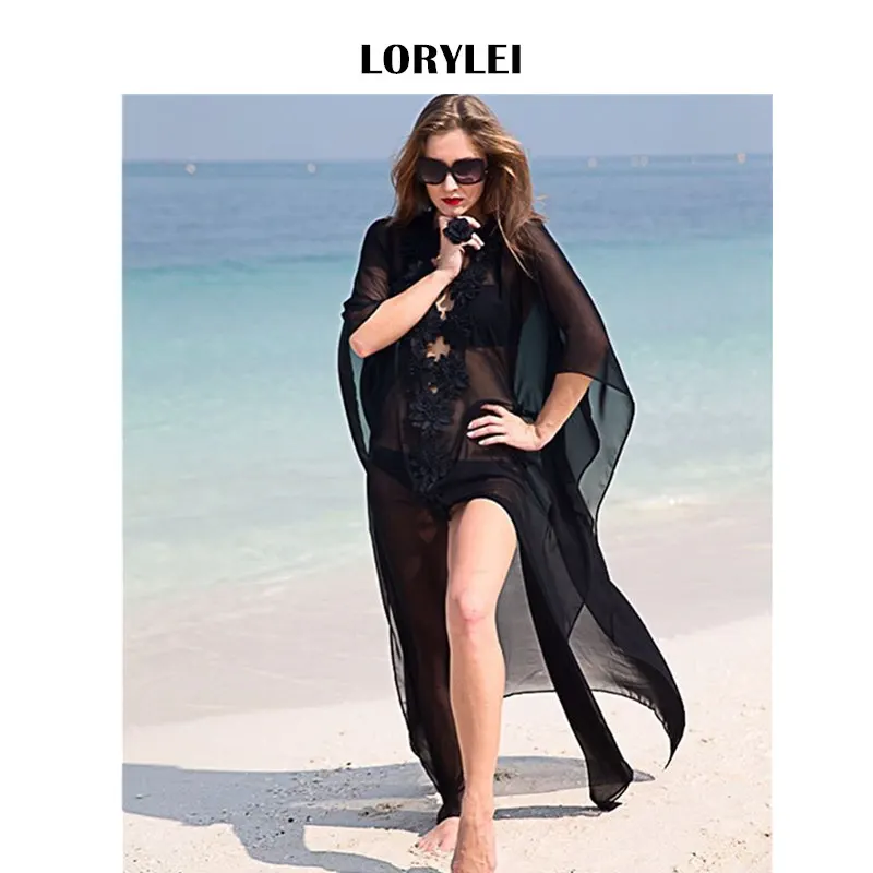 

Sexy Transparent Swimwear Chiffon Applique Long Kimono Cardigan For Beach Cover Up Beach Sarong Plage Robe Bikini Coverup N204