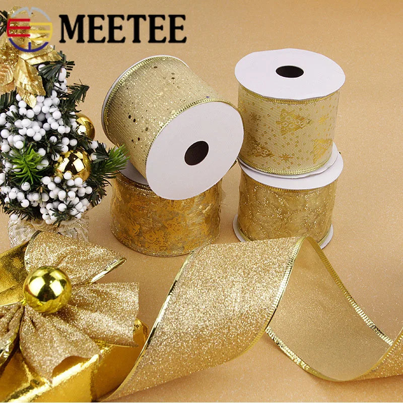 

Meetee 5yards 5-6cm Gold Wire Christmas Tree Ribbon Trim Dusting DIY Party Decoration Package Festival Gift Webbing RC163