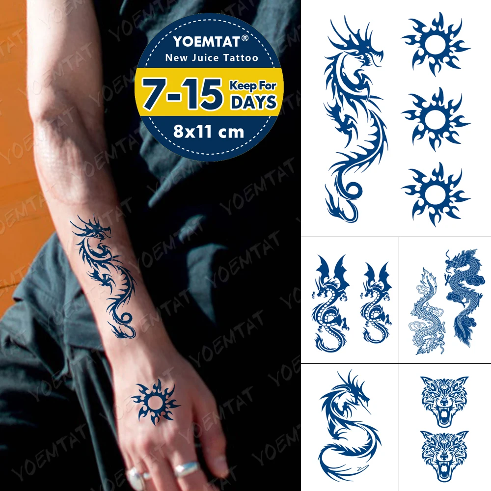 

Juice Lasting Waterproof Temporary Tattoo Sticker Dragon Totem Sun Mandala Flash Tatoo Male Arm Thigh Body Art Fake Tatto Female