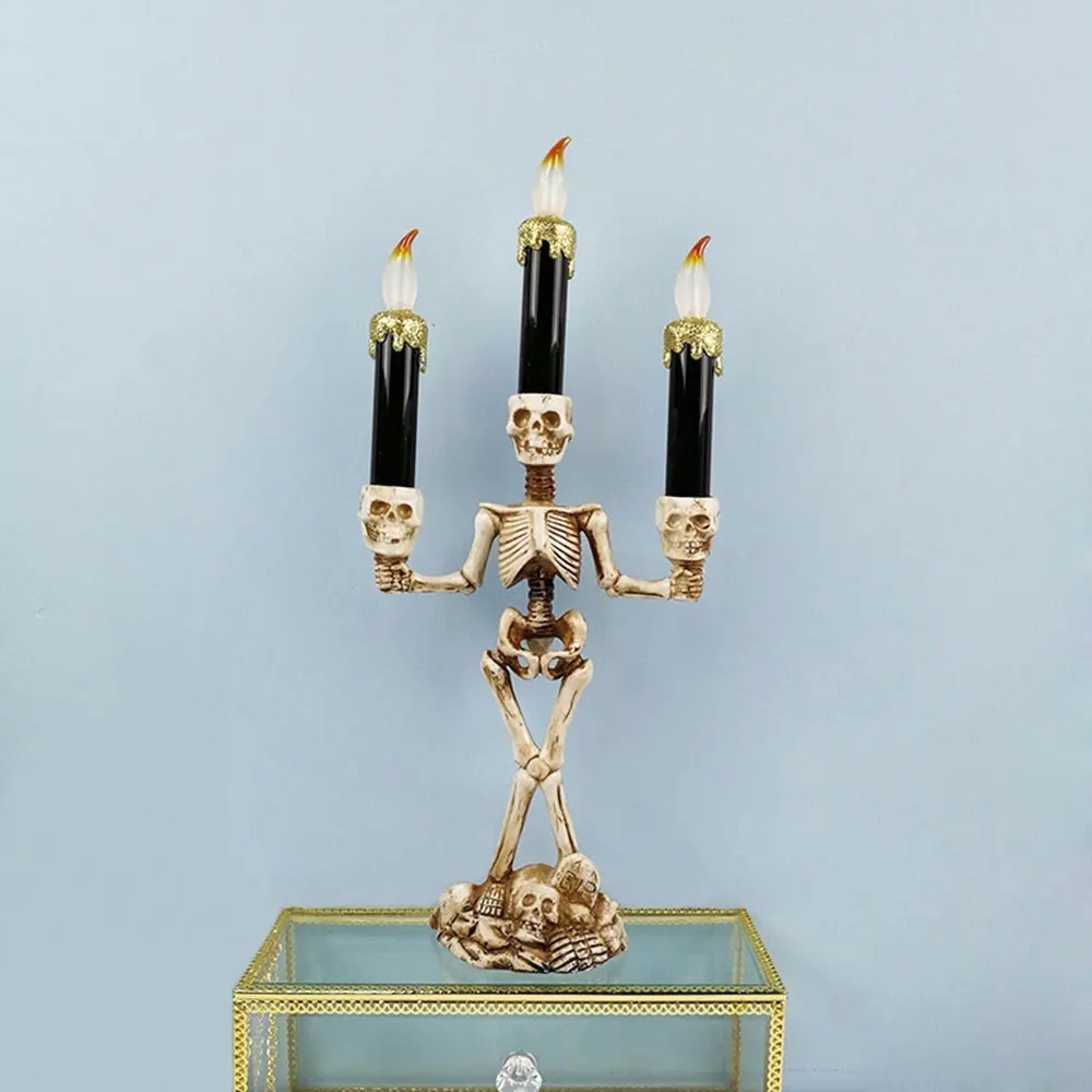 Череп подсвечник Скелет лампы в форме свечи светодиодный Свеча светильник ужасный Творческий Пластик 3-головки с привидениями дом стены зал Хэллоуин - Испускаемый цвет: Gold-three head
