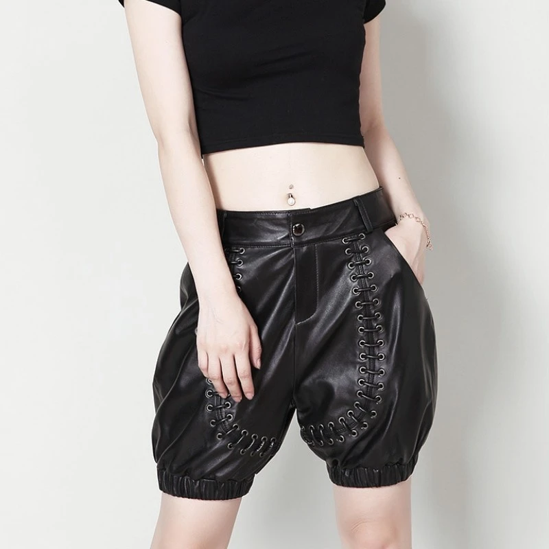 Pantalones cortos de piel auténtica para mujer, moda de otoño 2022, diseño Punk, de piel de oveja, talla grande, 4XL|Pantalones - AliExpress