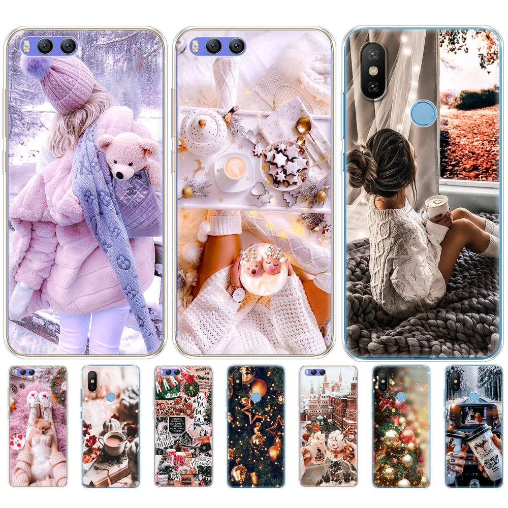Custodia In Silicone Per Xiaomi Mi 8 8Se A1 A2 5 5S 5X 6 Mi5 Mi6 Note 3 Max Mix 2 2S Borsa Paraurti Winter Girl Christmas Vibes Coffee