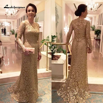 

Gold Mother of the Bride Dresses Long Sleeves Lace Wedding Party Gowns robe de soiree Mother Dress vestidos de madrina Plus Size