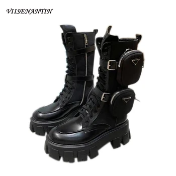 

New Fashion Genuine Leather Metal Buckle Pocket Motorcycle Boots Women Round Toe Lace-up Chunky Platform Waterproof Shoes