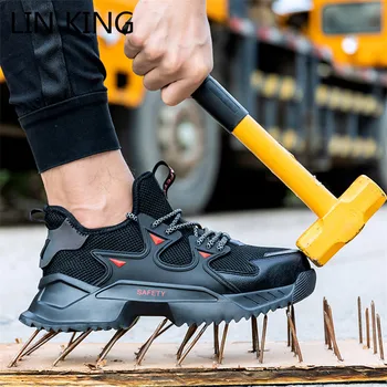 

LIN KING Big Size Mens Work Boots Safety Steel Toe Shoes Anti Smashing Puncture Proof Working Sneakers Anti Slip Man Ankle Botas