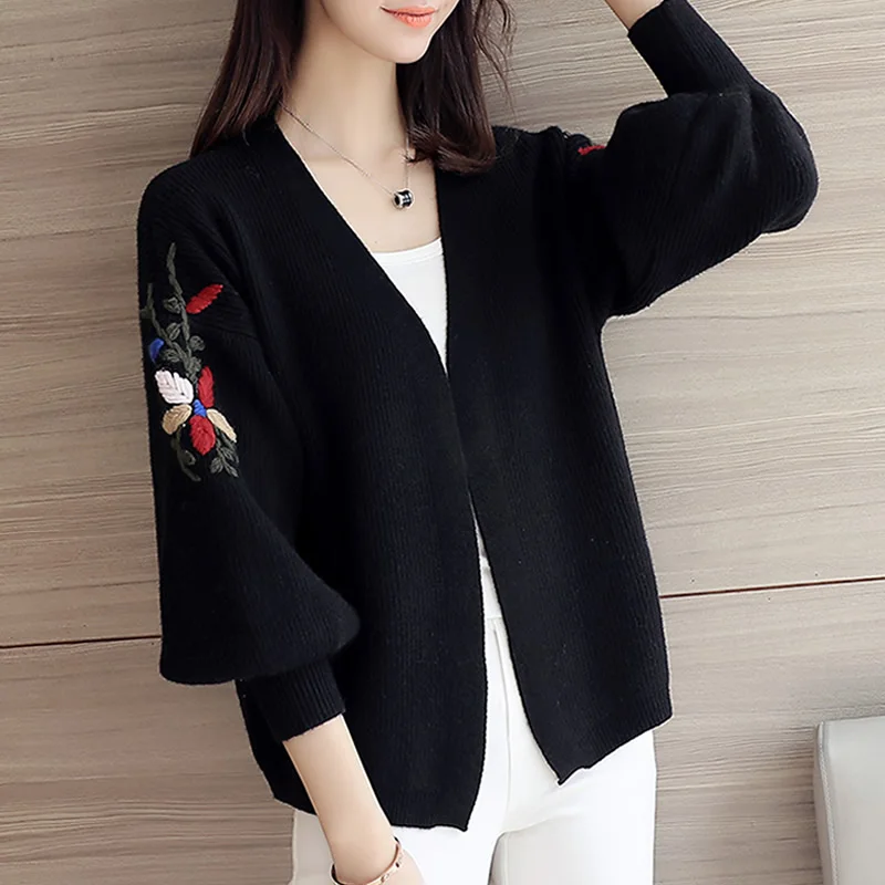 

Vintage Embroidery Long Sleeve Cardigan Pink Sueter Mujer Invierno Women Casual Knitted Sweater 2019 Black Cardigan Feminino