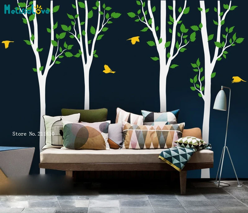 4 большие настенные Переводные картинки с изображением березы ярких цветов леса