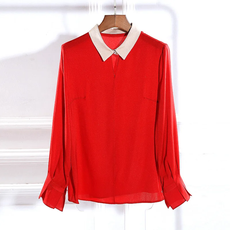 

2020 Spring Women'c Contract Color Peter Pan Collar Thick Real Silk Shirts Casual Red Navy Color Blouses and Tops