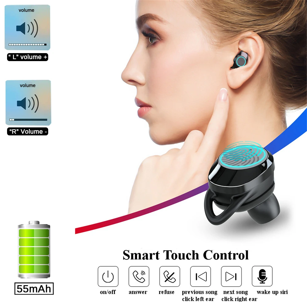 G02 5.0 Bluetooth Stereo Earphone Wireless Headphones IPX7 Waterproof Touch Earbuds Headset 3300mAh LED Display Smart Power Bank