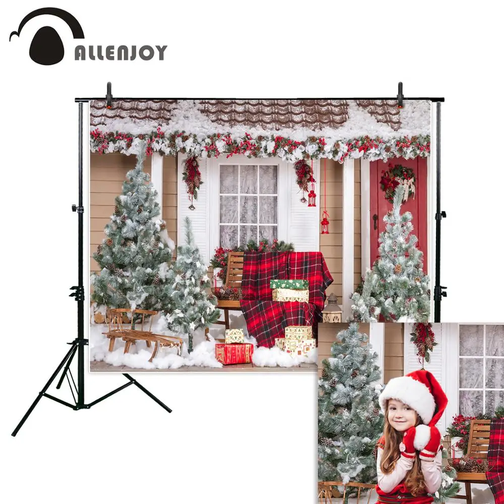 

Allenjoy Christmas backdrop photocall buffalo plaid house red Snow wooden armchair gift photo studio background photography