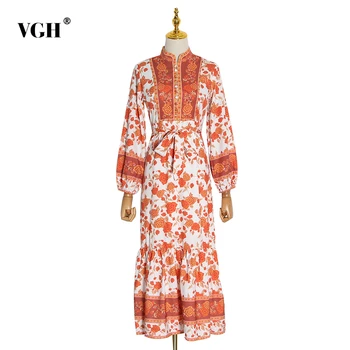 

VGH Bowknot Print Vintage Dress For Women O Neck Lantern Long Sleeve High Waist Patchwork Dresses Female 2020 Autumn New