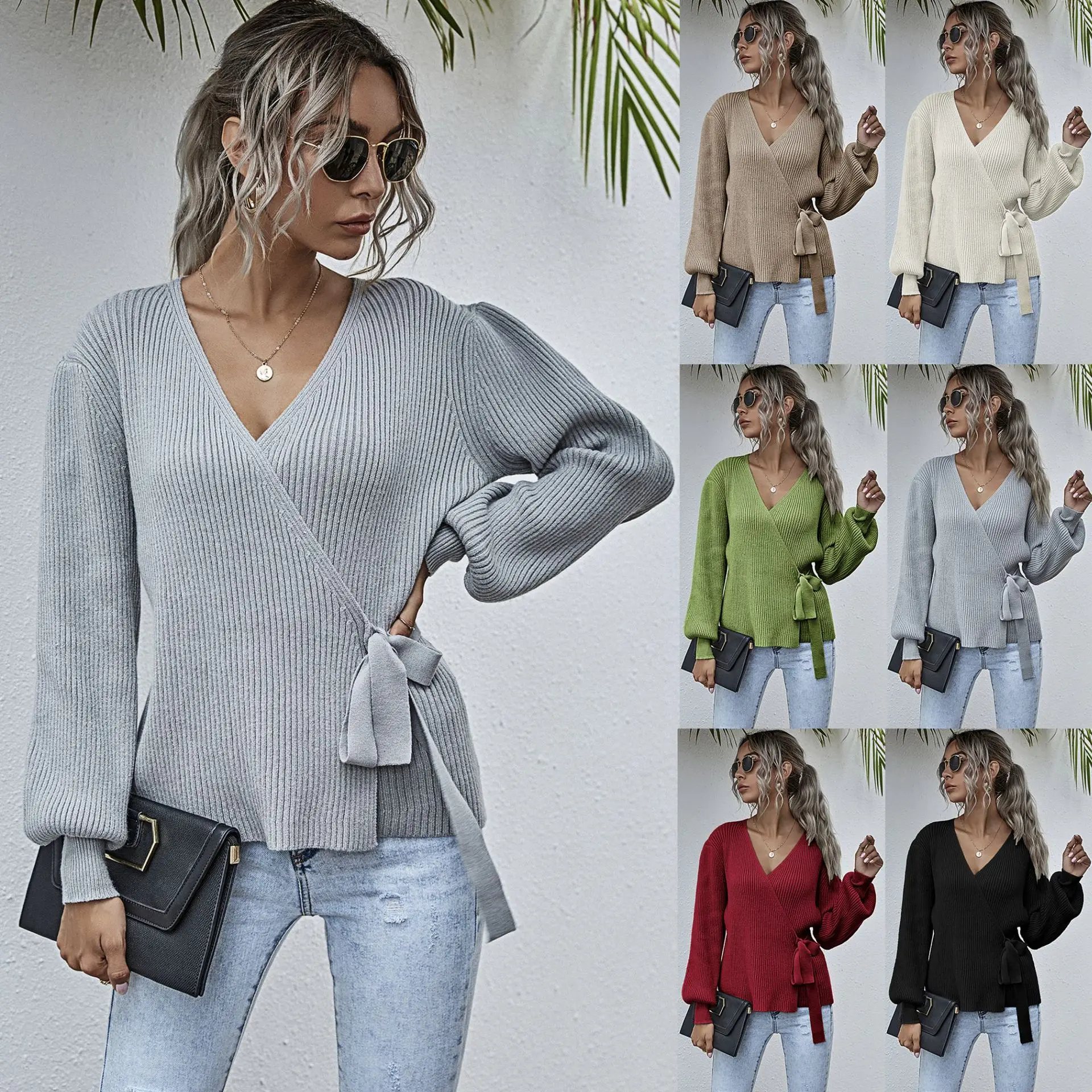 

Autumn And Winter New Women's Sweater Tie Waistband Pullover Knitting Shirt V-Neck Cross Wrap-Around Sweater Women Top