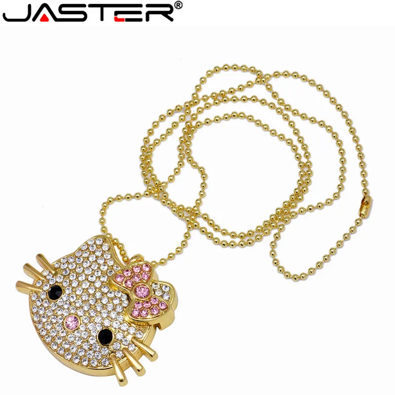 JASTER модный Кристалл KT кошачья голова+ цепочка креативный USB 2,0 4 ГБ 8 ГБ 16 ГБ 32 ГБ 64 Гб внешний накопитель USB флеш-накопитель