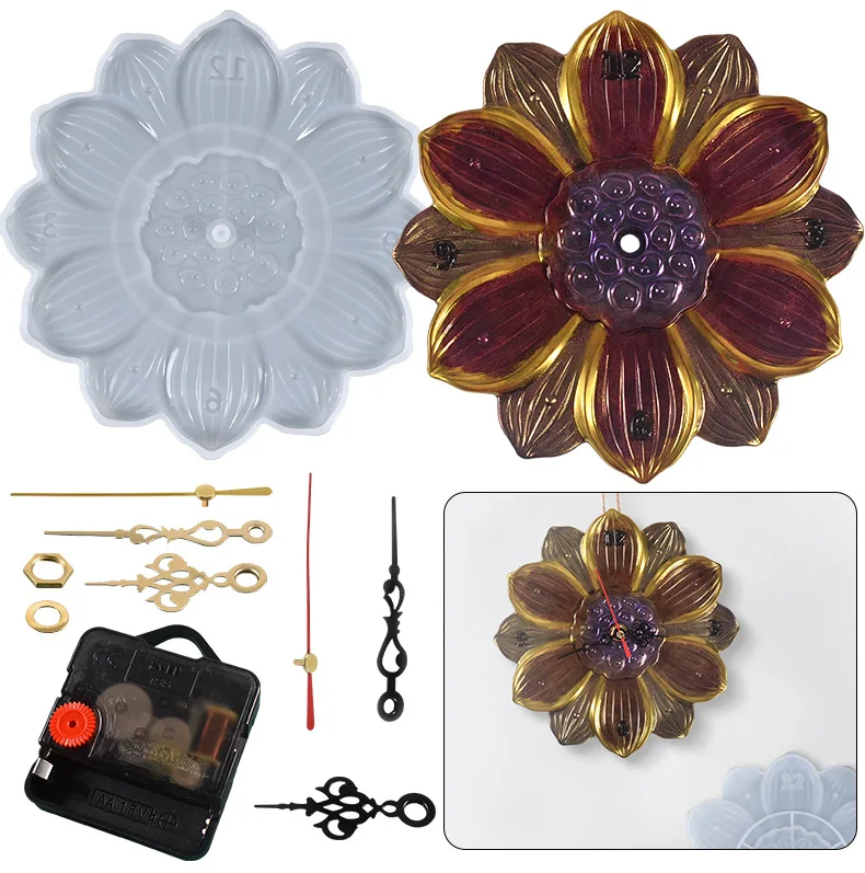 DIY Epoxy Resin Mold Lotus Watch Clock Round Flower Wall Clock Hanging Molds For Home Decoration Resin Mould  Craft