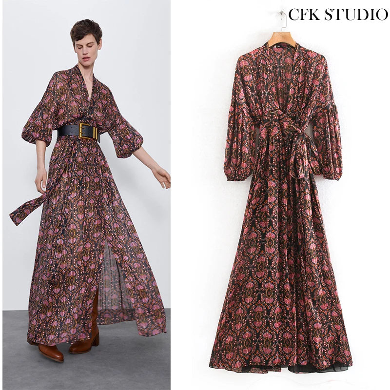 ZA 2020 New Summer Women Mididress with V-neck Floral Print Long Sleeve Elegant Dress Femme Loose Mididress Vestido ZA 2020 New Summer Women Mididress with V-neck Floral Print Long Sleeve Elegant Dress Femme Loose Mididress Vestido