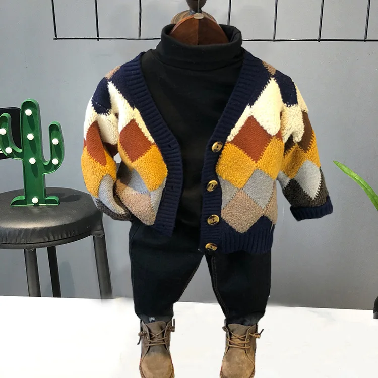 

Winter Children 2019 New Style Knitted Cardigan BOY'S Diamond Lattice Sweater plus Velvet Base Shirt Jeans Set