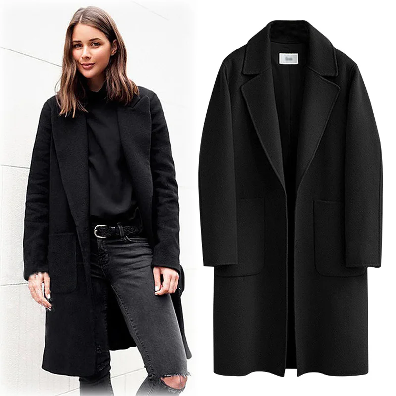

Autumn Winter Plus Size Women Black Simple Wool Coat Female Long Slim Casacos Manteux Femme Winter Woolen Coat Clothes