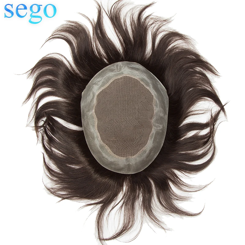 

Sego 6 Inches Lace and PU Men Toupee 8"*10" Non-remy Hair System Pure Color Indian Hair Natural Hair Toupee Density 120% 75G