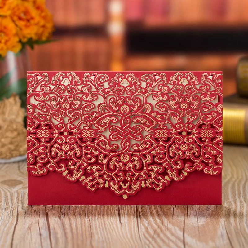 10 шт золотые, красные, с лазерной огранкой, алмазные свадебные пригласительные открытки, элегантные поздравительные открытки для свадьбы и помолвки, вечерние украшения - Цвет: Red 3 Cover