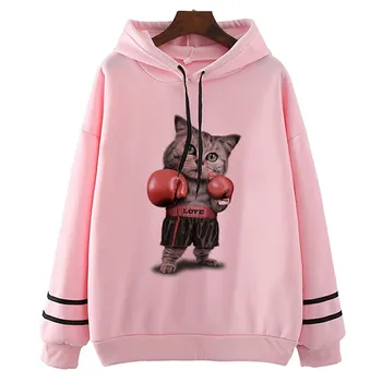

Boxing Cat Fun Printed Girl Hoodies Autumn Harajuku Hoodies Casual Long Sleeve Tops Sweatshirt Clothing