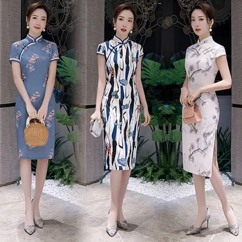 

Plus Size 3XL Rayon Lady Summer Daily Cheongsam Dress Print Flower Elegant Slim Evening Gowns Vintage Short Sleeve Qipao