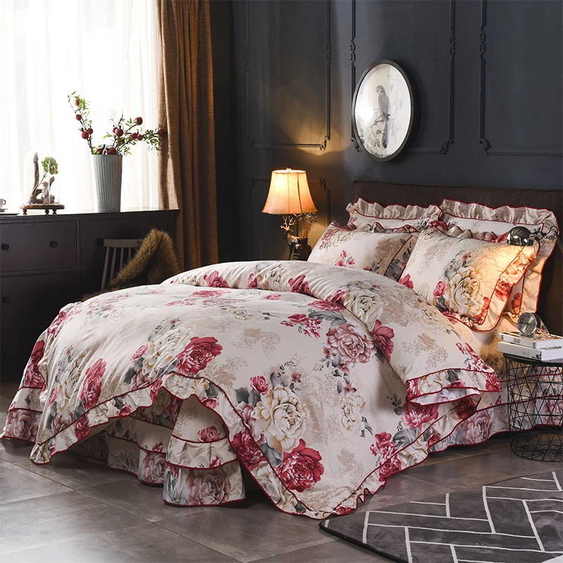 Винтажный Стиль Цветочный рюшами на молнии Пододеяльник Простыня наволочка