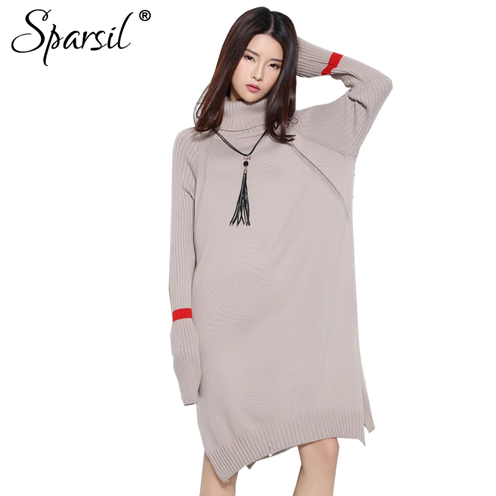 

Sparsil Women Winter Long Wool Sweaters Turtleneck Loose CashmereThread Knitted Pullovers Hem Split the Fork Female Dress