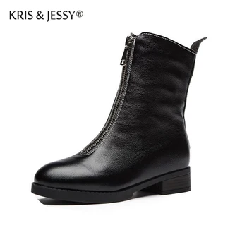 

Cow Genuine Leather Front Zip Round Head Women Ankle Boots Fleece or No Fleece Inside Warm Winter Woman Square Heels Boots