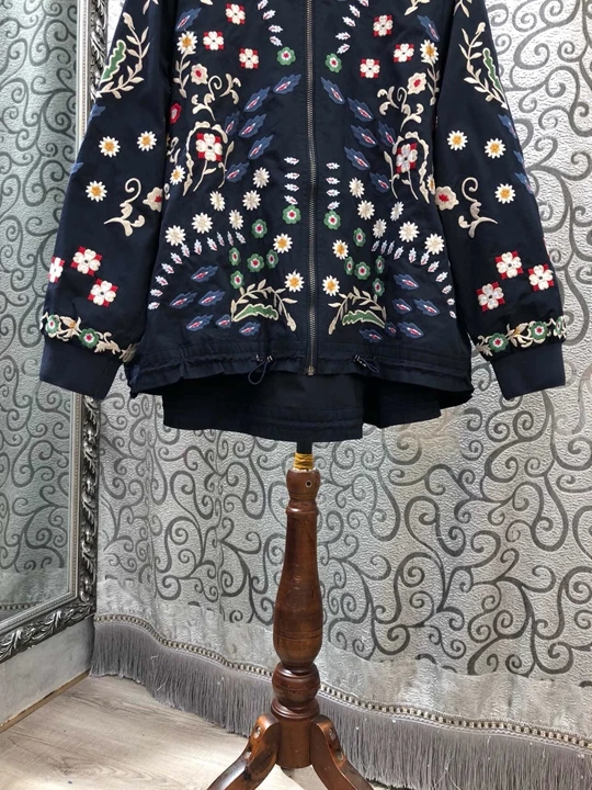 Высококачественная хлопковая куртка Осенняя повседневная верхняя одежда женская винтажная вышивка с длинным рукавом Свободные топы пальто куртка-бомбер