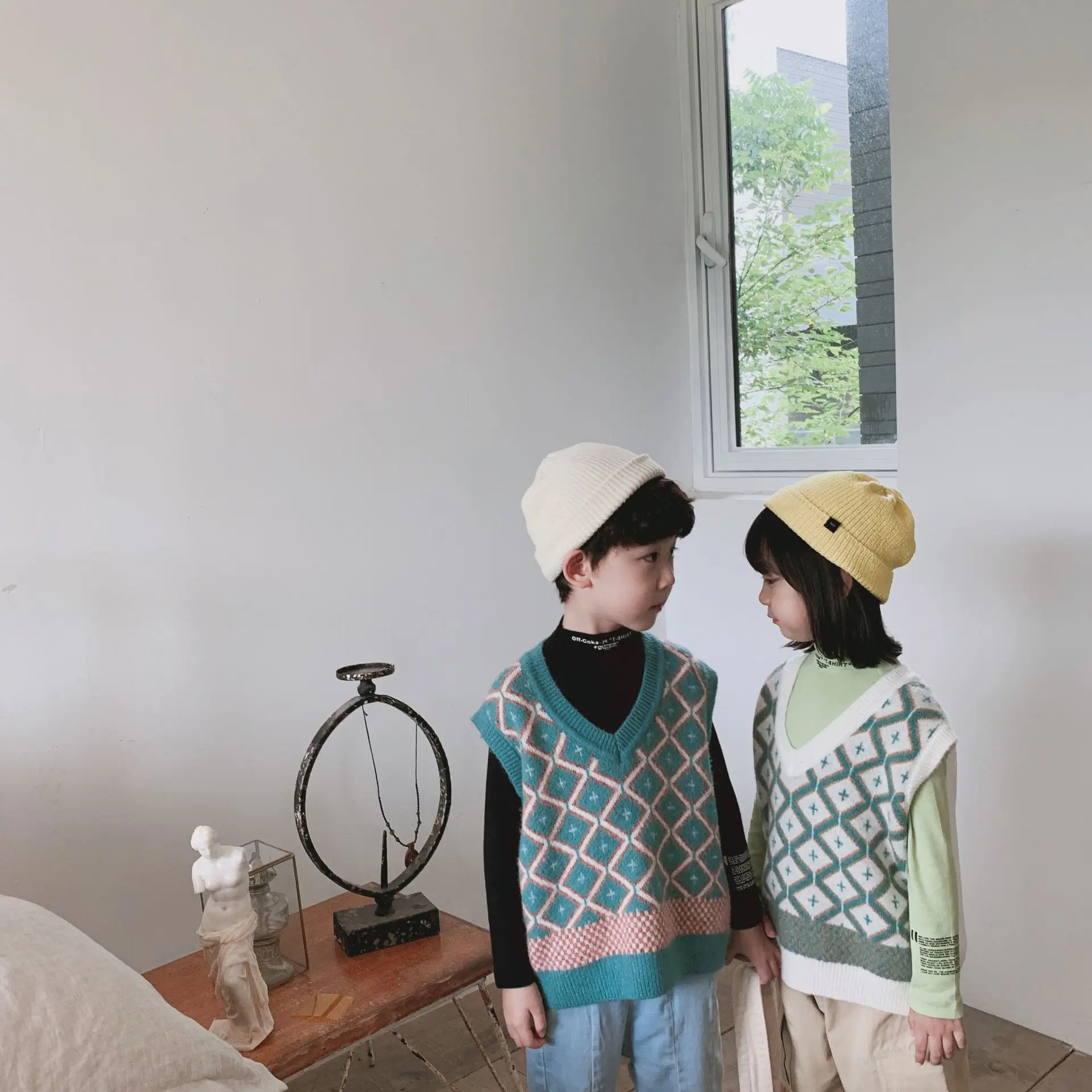 Autumn New Style Kids' Sweater Waistcoat Dehaired Angora Core-Spun Yarn Vest Baby Rhombus Sweater Waistcoat Korean