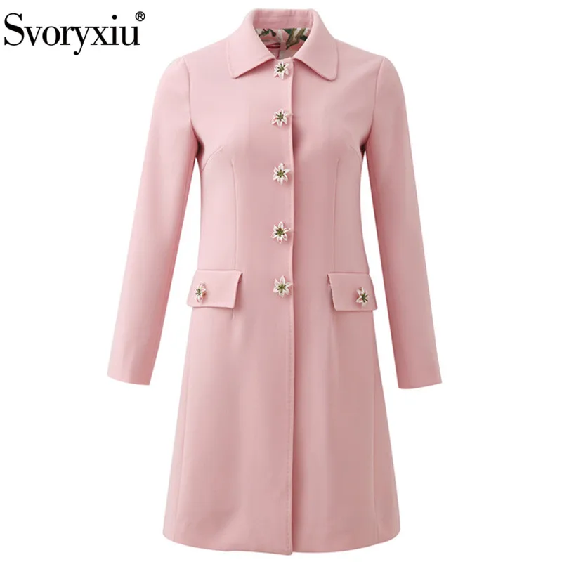 Koop Svoryxiu Designer Herfst Winter Roze Lange Trenchcoat vrouwen lelie Bloem Print Voering Custom Single Breasted Jas Uitloper