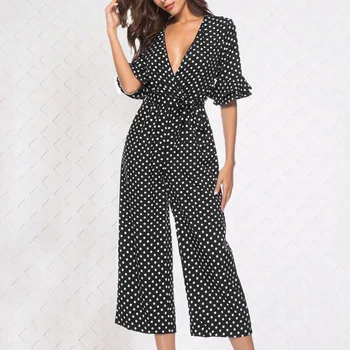 

Vintage Jumpsuits Women Polka Dot Print Sexy V Neck Ruffles Short Sleeve Wide Leg Long Overalls Elegant Lace Up Office Playsuits