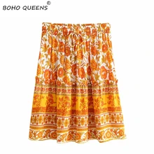 Винтажная шикарная Женская оранжевая юбка в стиле хиппи с цветочным принтом и кисточкой в стиле бохо, женские мини юбки из вискозного хлопка с высокой эластичной талией в богемном стиле