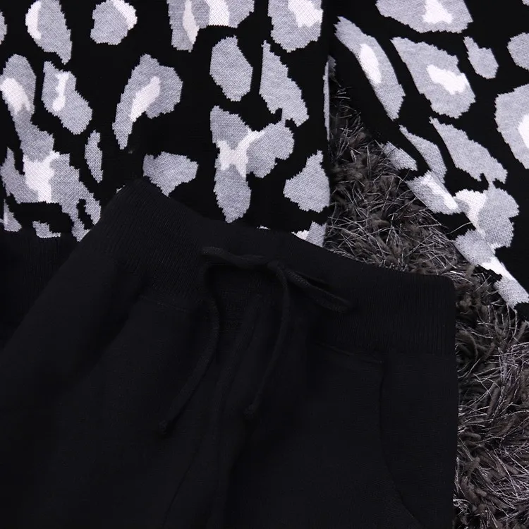 Amolapha для женщин леопардовый вязаный свитер Топы+ однотонные брюки наборы с длинным рукавом Джемперы брюки костюмы для женщин
