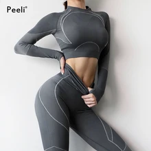 Бесшовный комплект из 2 предметов, женский спортивный костюм, комплект для занятий йогой, тренировочная одежда с длинным рукавом, укороченный топ для фитнеса, леггинсы с высокой талией, спортивная одежда