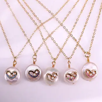 

6PCS, Natural Freshwater Pearl and CZ Pave Necklace Coin Shape White Pearl With Zirconia Heart Charm Pendant Necklace