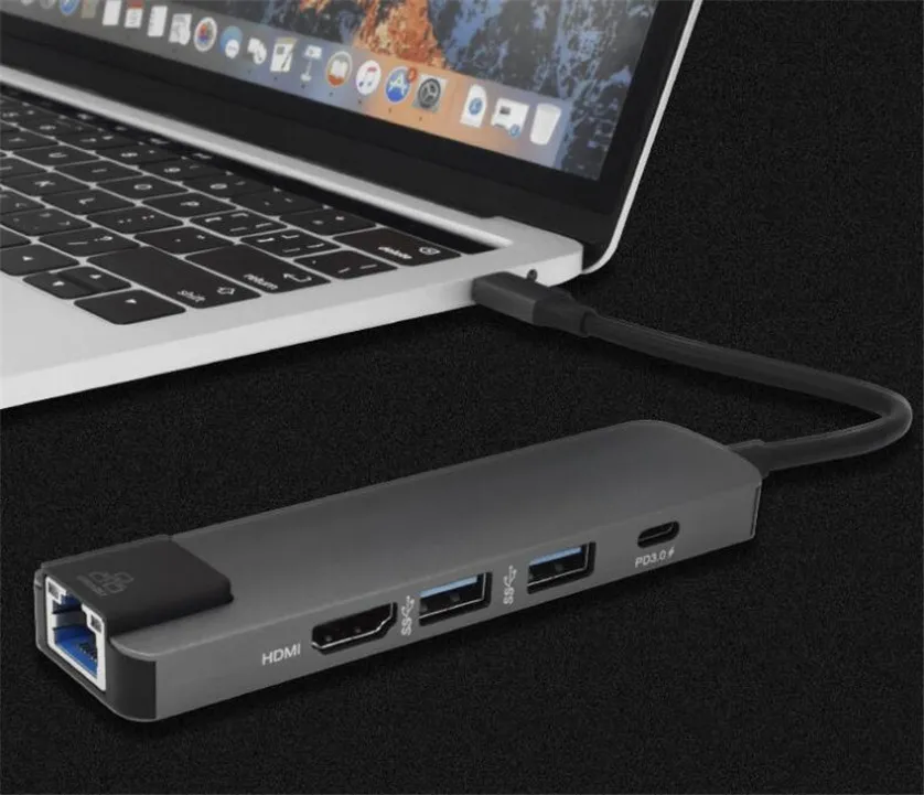 5-in-1 USB Typ C auf HDMI 4K USB C Hub 3.0 zu Gigabit 100M Ethernet Rj45 Lan Adapter für MacBook Pro Thunderbolt 3 Ladegerät Port – Detail 11