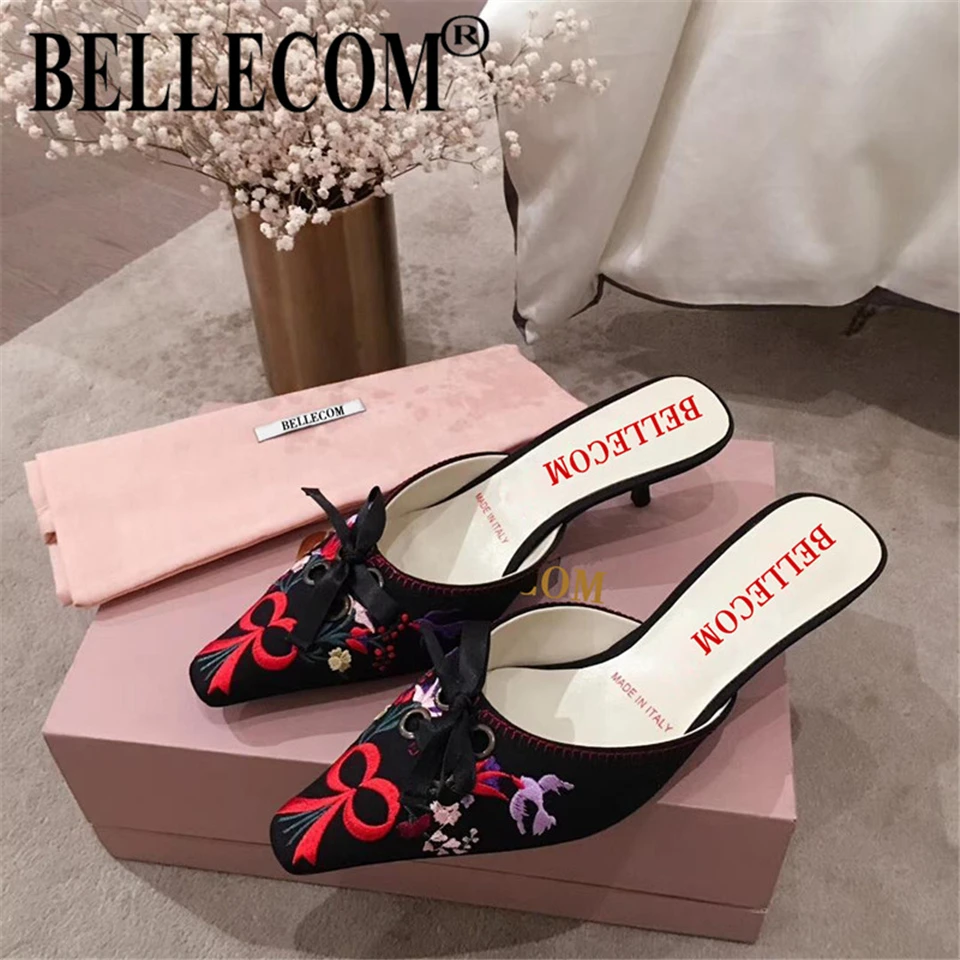 

BELLECOM 2019 women's sandals with small square embroidery bow bow, bird design, fine cashmere heels and high heels