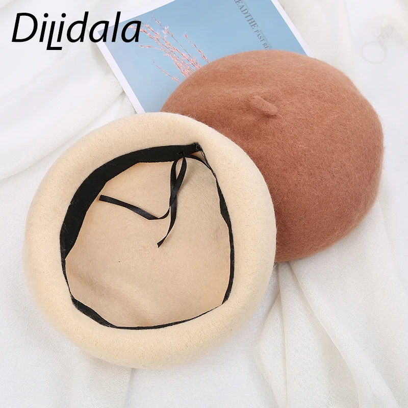 Dilidala, осенне-зимний шерстяной берет для женщин, Корейская дикая британская ретро шапка для художника, японская кашемировая шерстяная шапка, однотонная шапка с тыквой