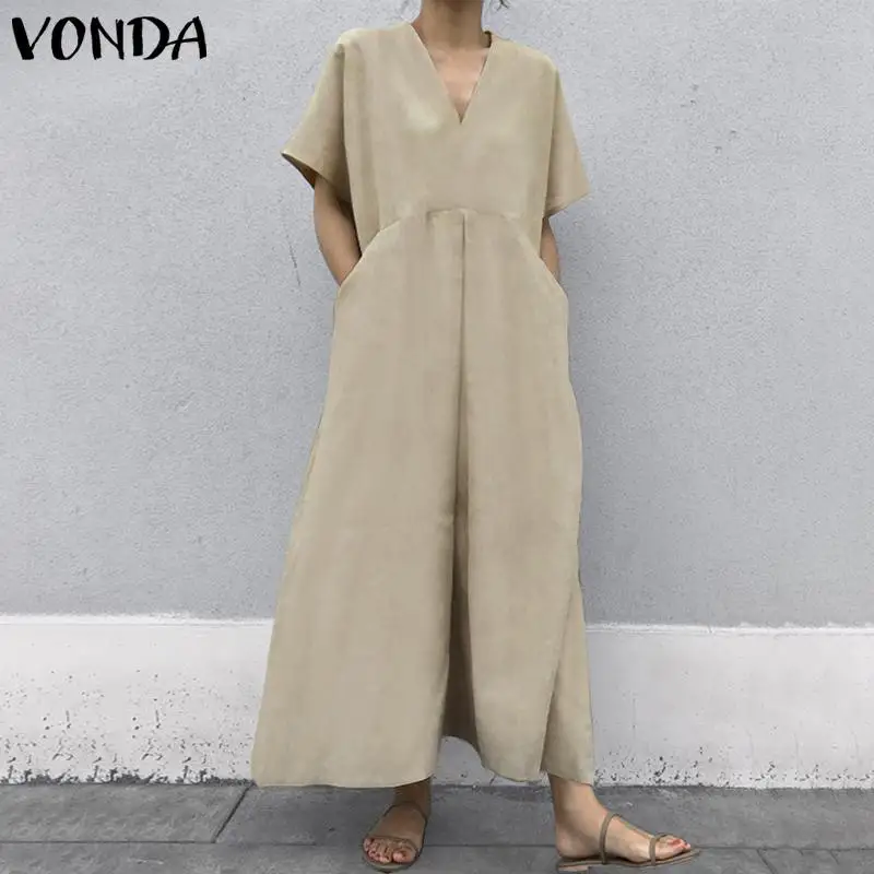 

Maternity Dress 2019 VONDA Vintage Casual Cotton Maxi Dress Tunic Vestidos Sexy V Neck Solid Robe 5XL Pregnancy Sundress