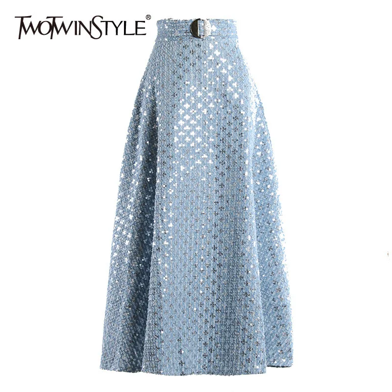 

TWOTWINSTYLE Denim Patchwork Sequin Skirt For Women High Waist Casual A Line Skirts Female Fashion New Clothing 2022 Spring New