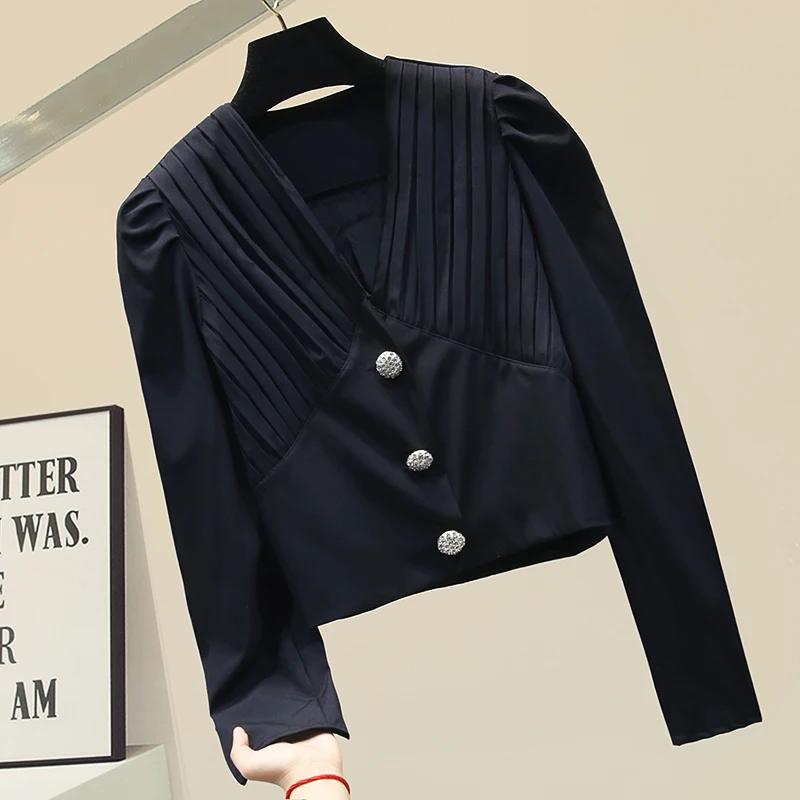 

V-Neck Shirt 2020 Spring New Short Pleated V-neck Shirts Women's All-match Cropped Top Blouse Women Blusas Femme Mujer Blusas
