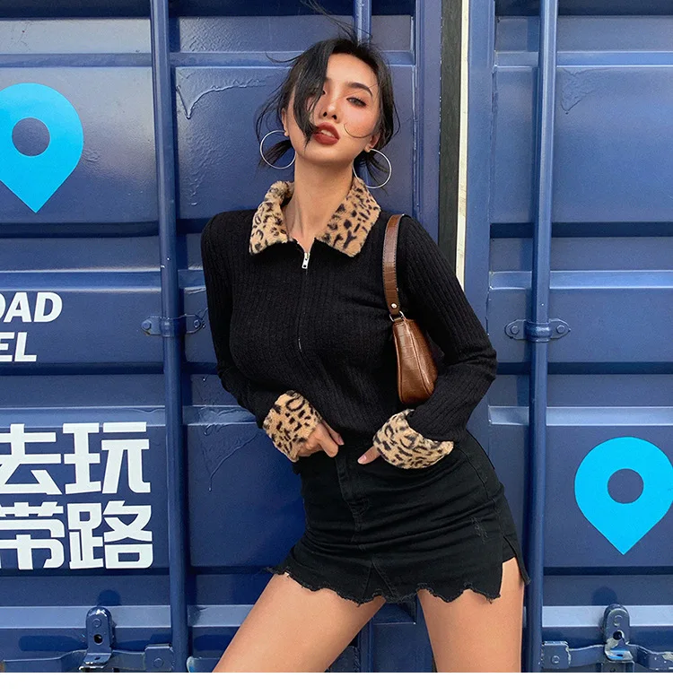 Женская леопардовая куртка на молнии черная с отложным воротником и длинным