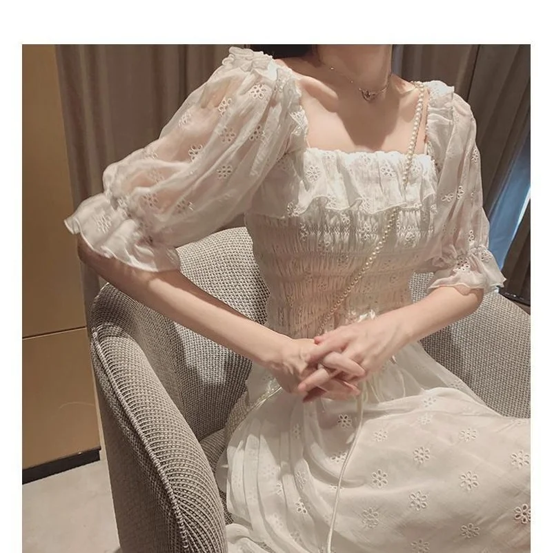 

French Summer Off White Puff Sleeve Sweet Dress Korean Style Kawaii Fashion Fairy Grunge Lace Chiffon Hollow Solid Elegant Dress