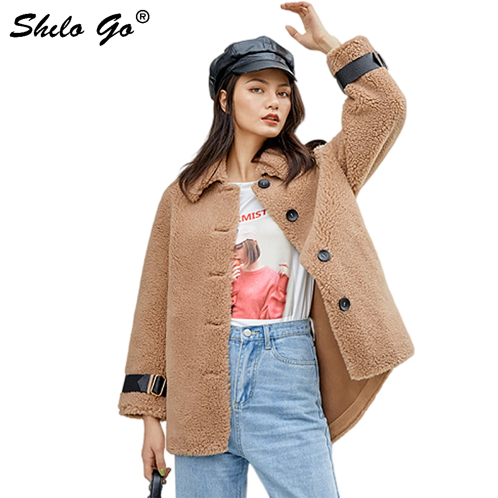 

Lamb Fur Coat Peter Pan Collar Single Breasted Buckle Belted Cuff Deatil Thick Warm Fur Jacket Women Winter Casual Fur Outwear